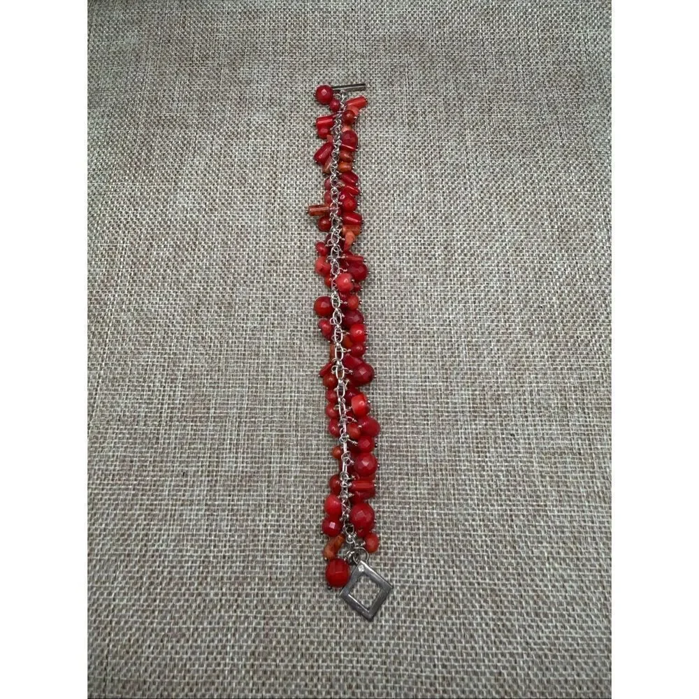 Red Coral Bead Cluster Bracelet Silver Tone Toggle Clasp